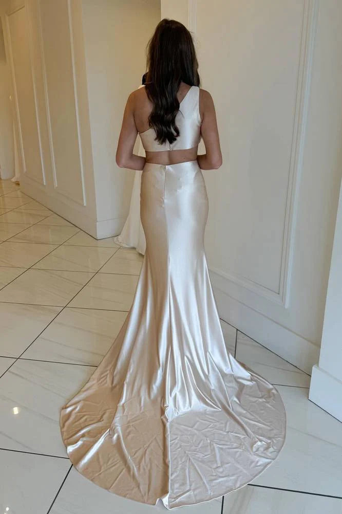 Elegant Two-Piece Mermaid One-Shoulder Sleeveless Cut-Out Floor-Length Prom Dress