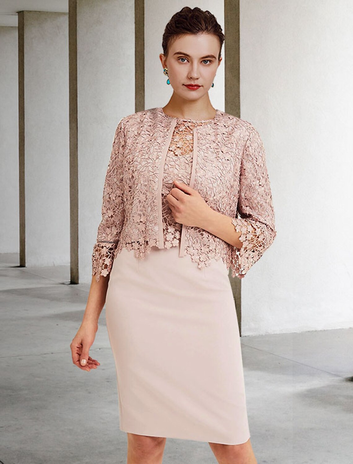 Elegant Two-Piece Sheath Jewel Neck Short Sleeve Jacket Mother of the Bride Dress.