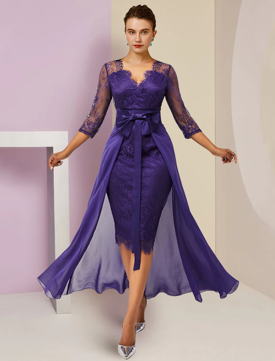 Elegant Two-Piece Sheath V-Neck 3/4 Sleeve Lace Knee-Length Dress.