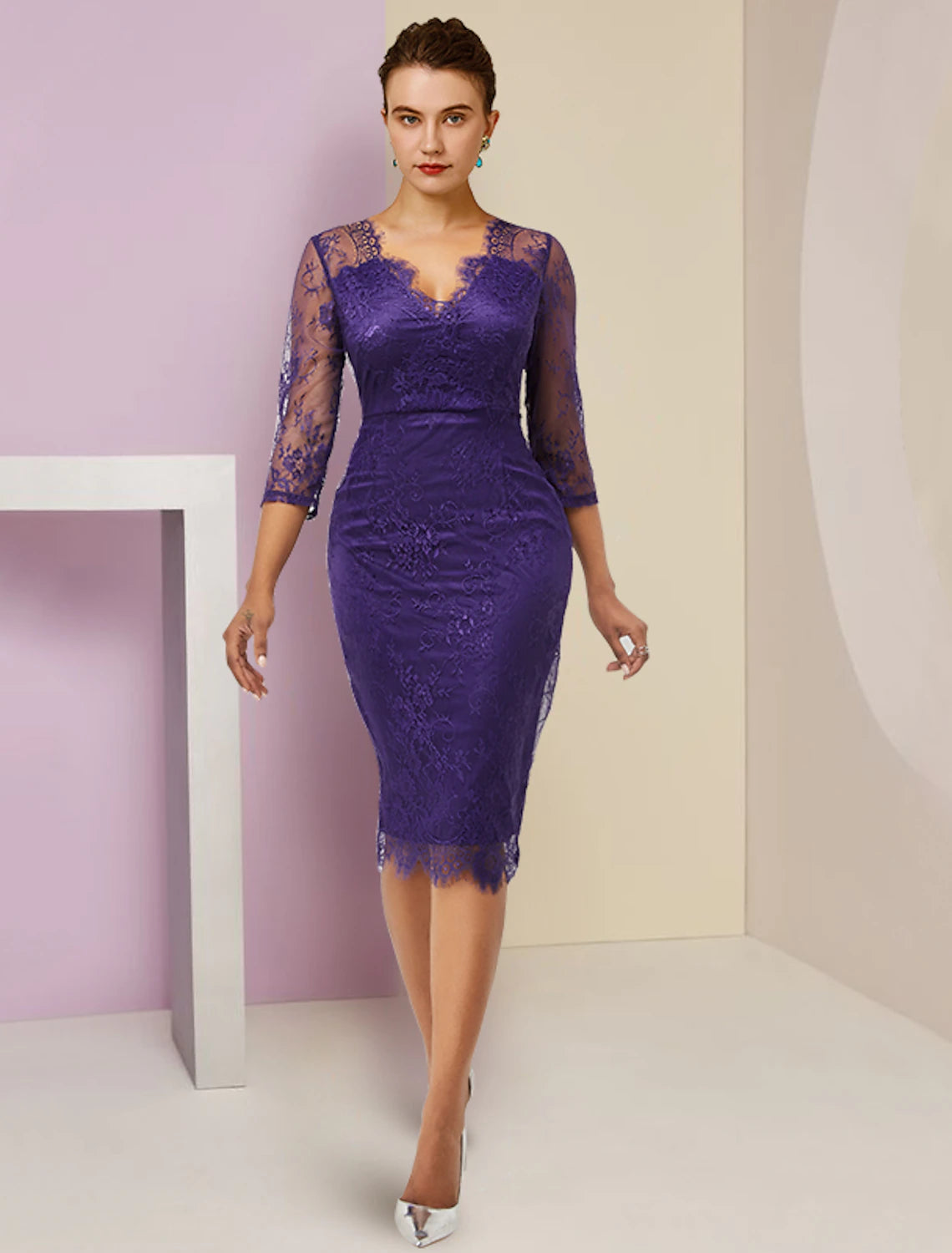 Elegant Two-Piece Sheath V-Neck 3/4 Sleeve Lace Knee-Length Dress.