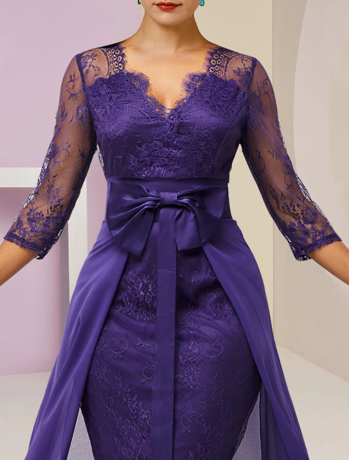 Elegant Two-Piece Sheath V-Neck 3/4 Sleeve Lace Knee-Length Dress.