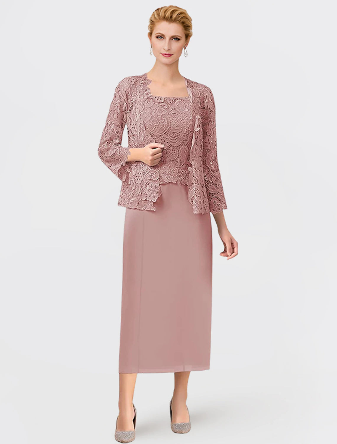 Elegant two-piece square neck chiffon lace appliqued ankle length gown.