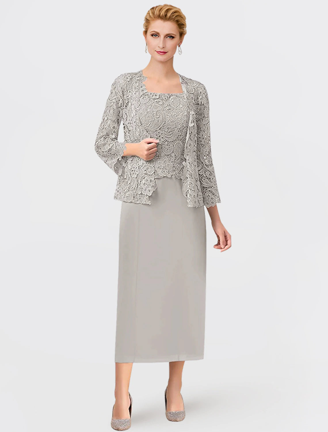 Woman posing in an elegant two-piece square neck chiffon lace appliqued ankle length gown.
