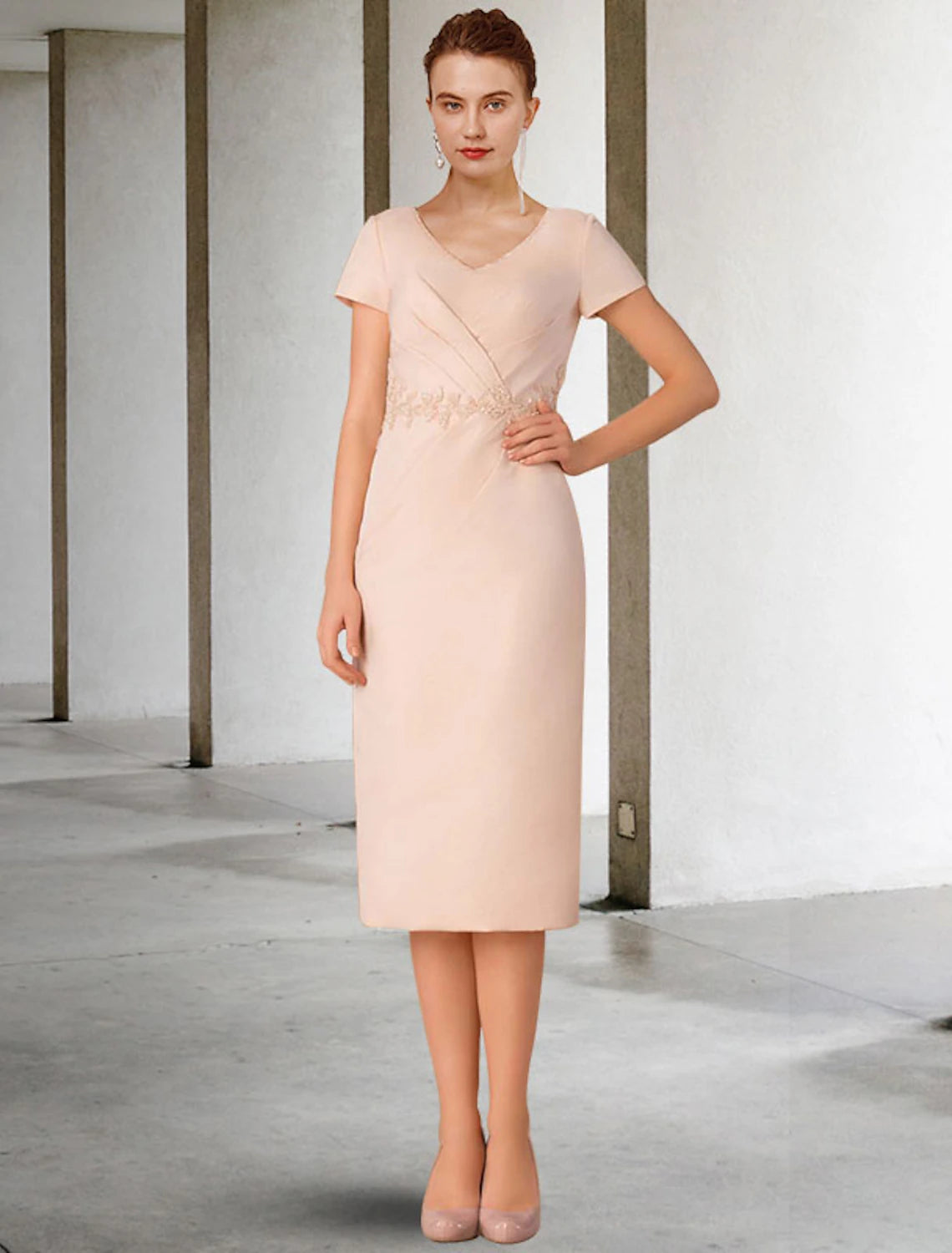 Elegant V-neck chiffon lace two-piece jumpsuit worn by a woman.