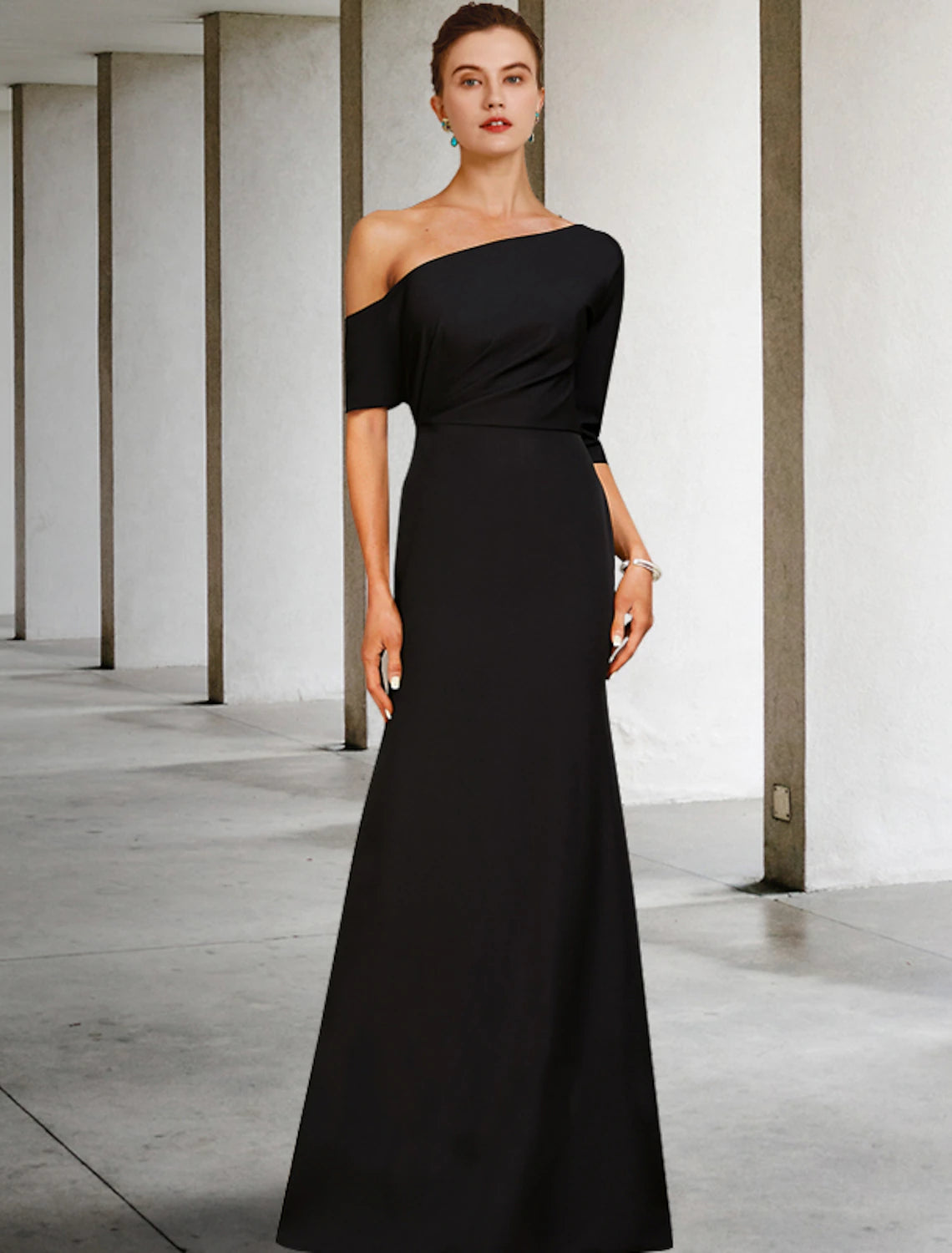 Elegant Vintage A-Line One Shoulder Ruffled Navy Floor Length Mother of the Bride Gown.