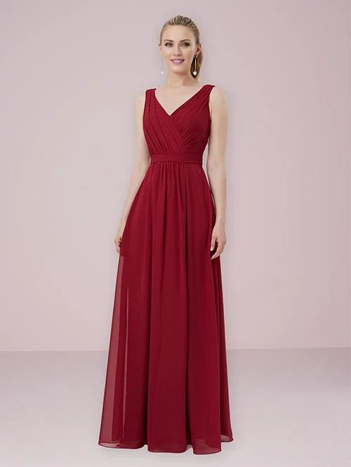 Elegant A-Line Burgundy V-Neck Sleeveless Back Zip Flowy Maxi Prom Dress