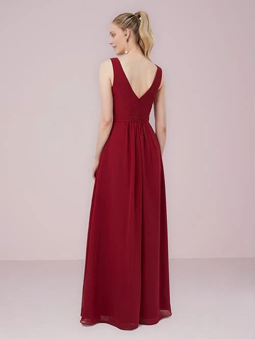 Elegant A-Line Burgundy V-Neck Sleeveless Back Zip Flowy Maxi Prom Dress