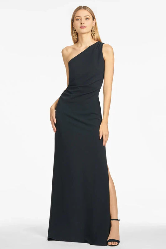 Elegant Black One-Shoulder Neck Sleeveless Back Zip Ruched Slit Floor-Length Evening Dress