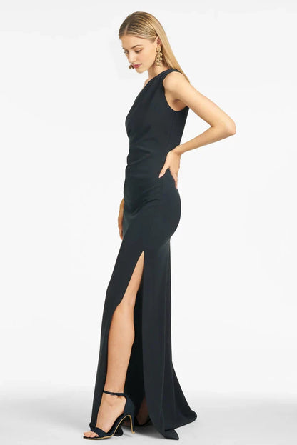 Elegant Black One-Shoulder Neck Sleeveless Back Zip Ruched Slit Floor-Length Evening Dress