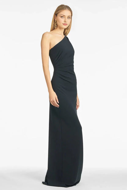 Elegant Black One-Shoulder Neck Sleeveless Back Zip Ruched Slit Floor-Length Evening Dress