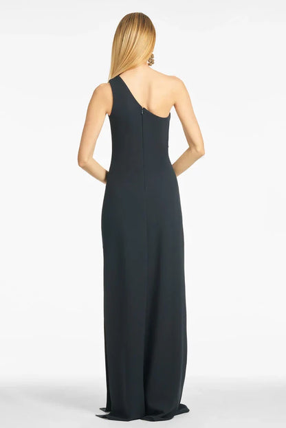 Elegant Black One-Shoulder Neck Sleeveless Back Zip Ruched Slit Floor-Length Evening Dress