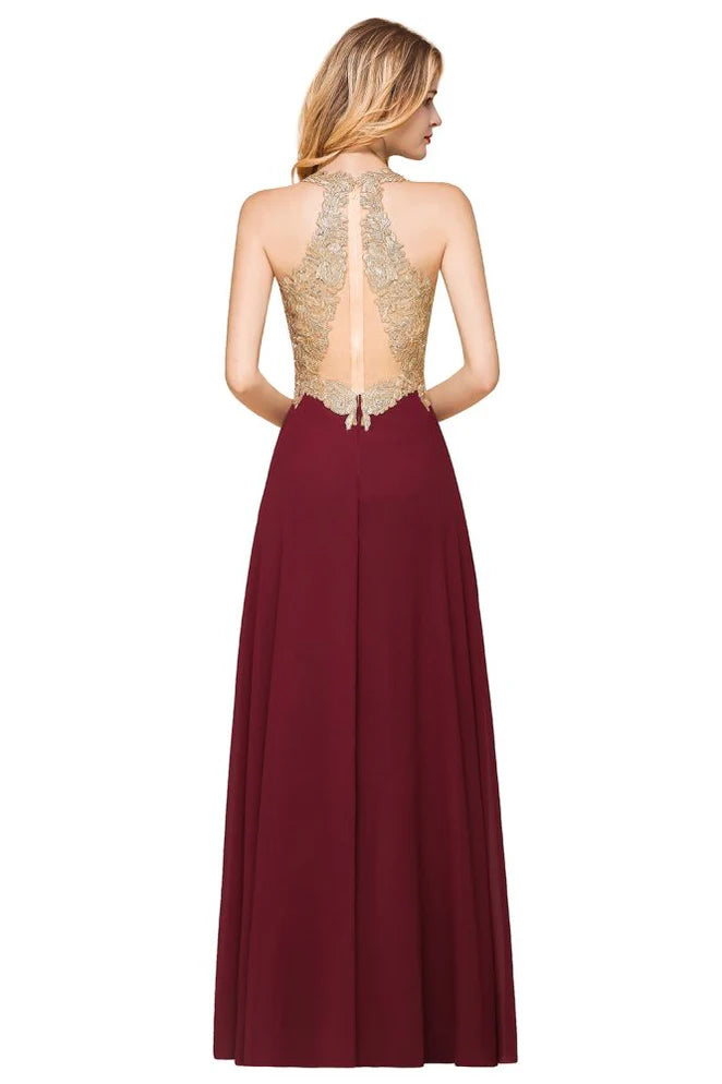 Elegant Burgundy & Gold Lace Halter-Neck Illusion-Back A-Line Maxi Evening Dress