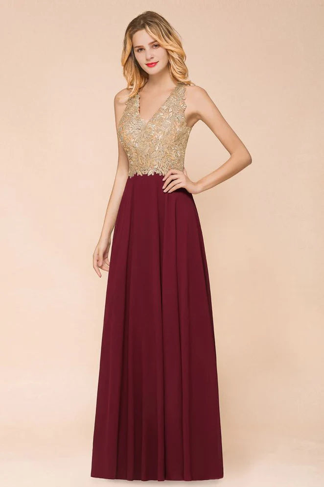 Elegant Burgundy & Gold Lace Halter-Neck Illusion-Back A-Line Maxi Evening Dress
