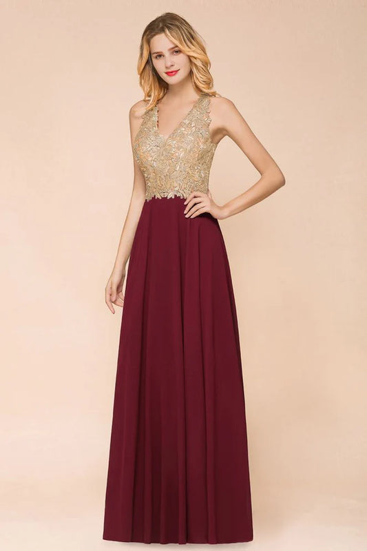 Elegant Burgundy & Gold Lace Halter-Neck Illusion-Back A-Line Maxi Evening Dress