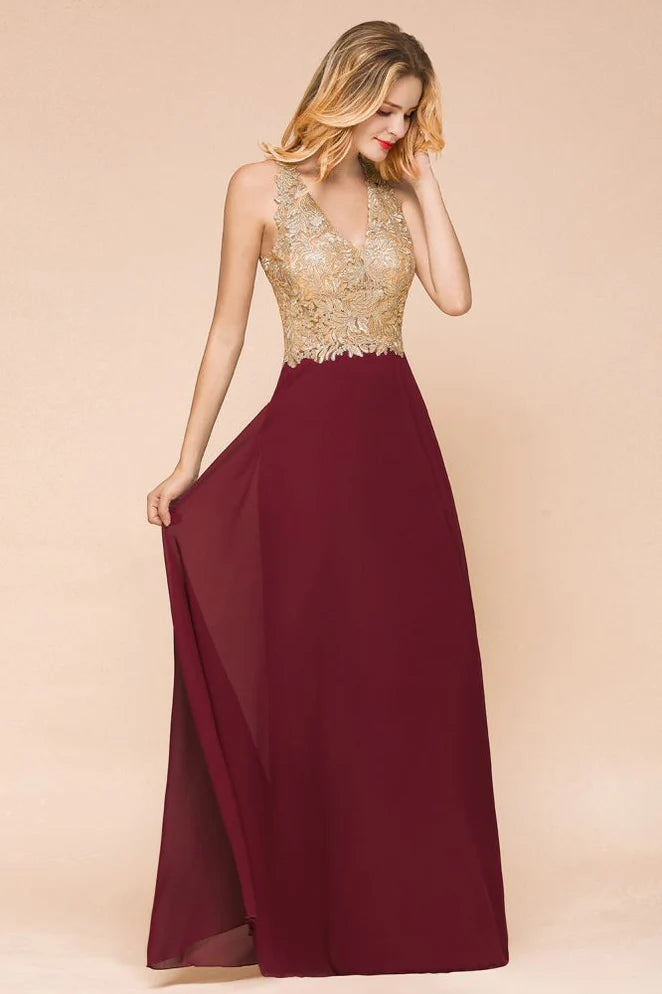 Elegant Burgundy & Gold Lace Halter-Neck Illusion-Back A-Line Maxi Evening Dress