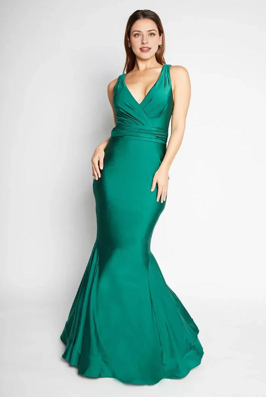 Elegant Emerald Green V-Neck Sleeveless Cutout Mermaid Satin Floor-Length Evening Dress