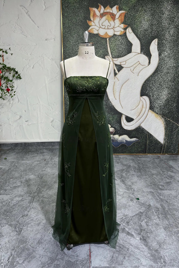 Glamorous Prom Dress with Spaghetti Straps, Lace-Up Back and High Front Slit