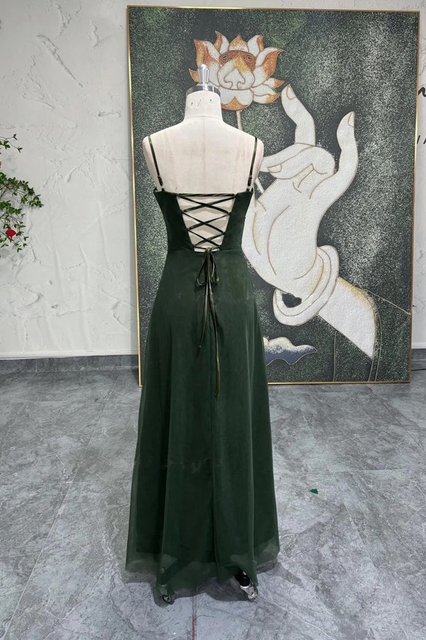 Glamorous Prom Dress with Spaghetti Straps, Lace-Up Back and High Front Slit