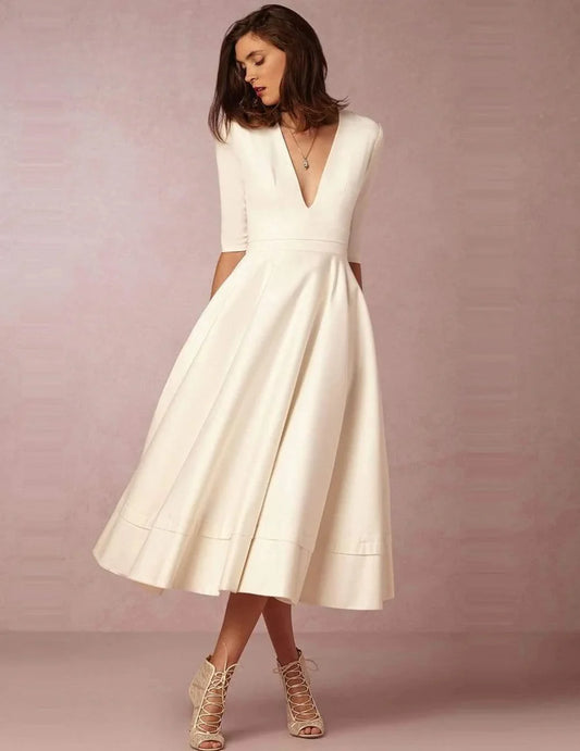 Elegant Fit-and-Flare V-Neck Three-Quarter-Sleeve Round-Back Midi Wedding Dress