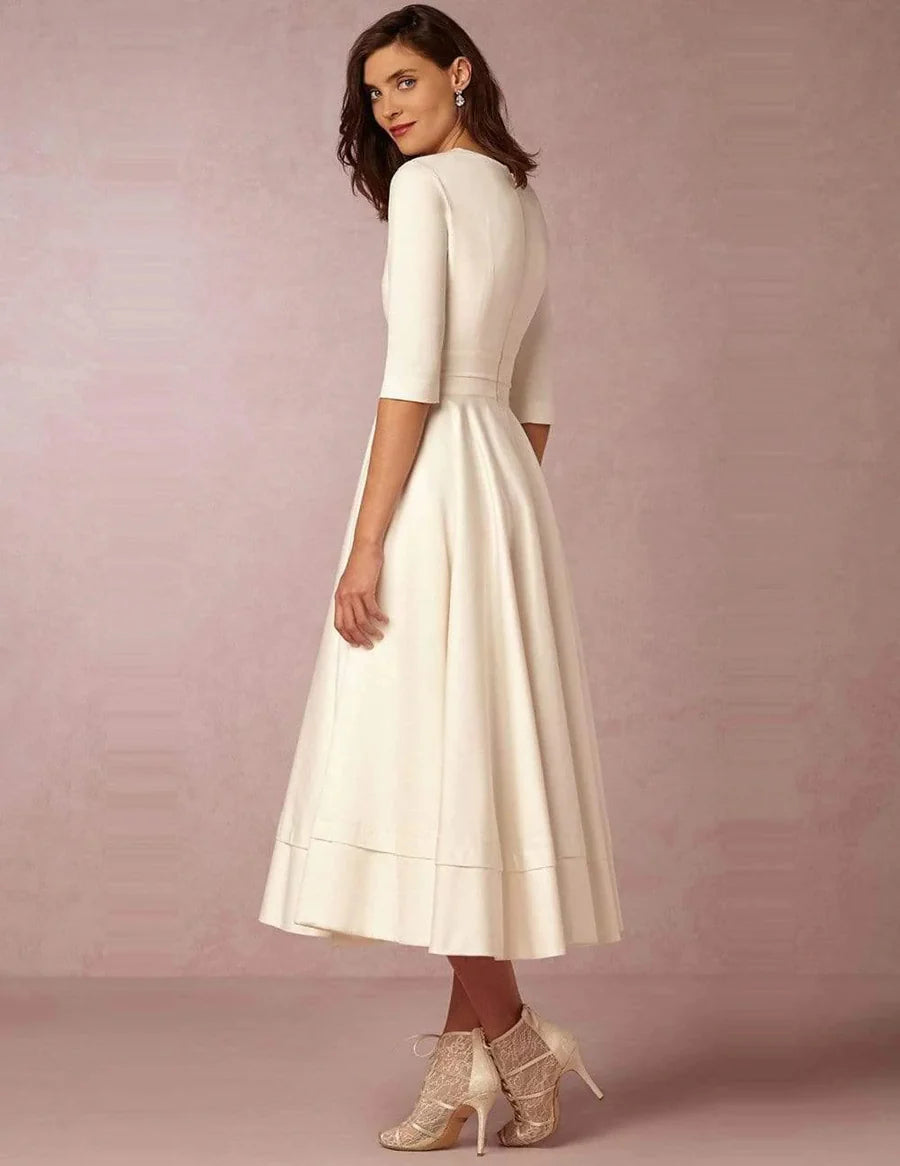 Elegant Fit-and-Flare V-Neck Three-Quarter-Sleeve Round-Back Midi Wedding Dress