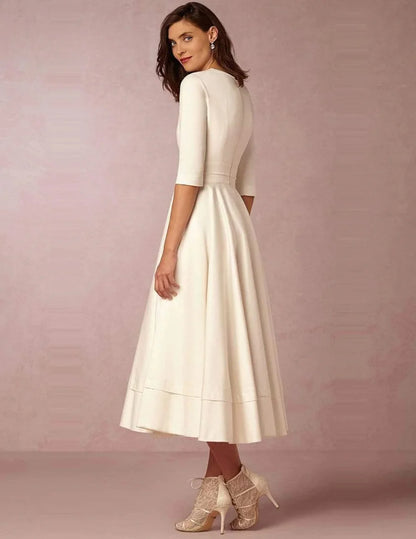 Elegant Fit-and-Flare V-Neck Three-Quarter-Sleeve Round-Back Midi Wedding Dress
