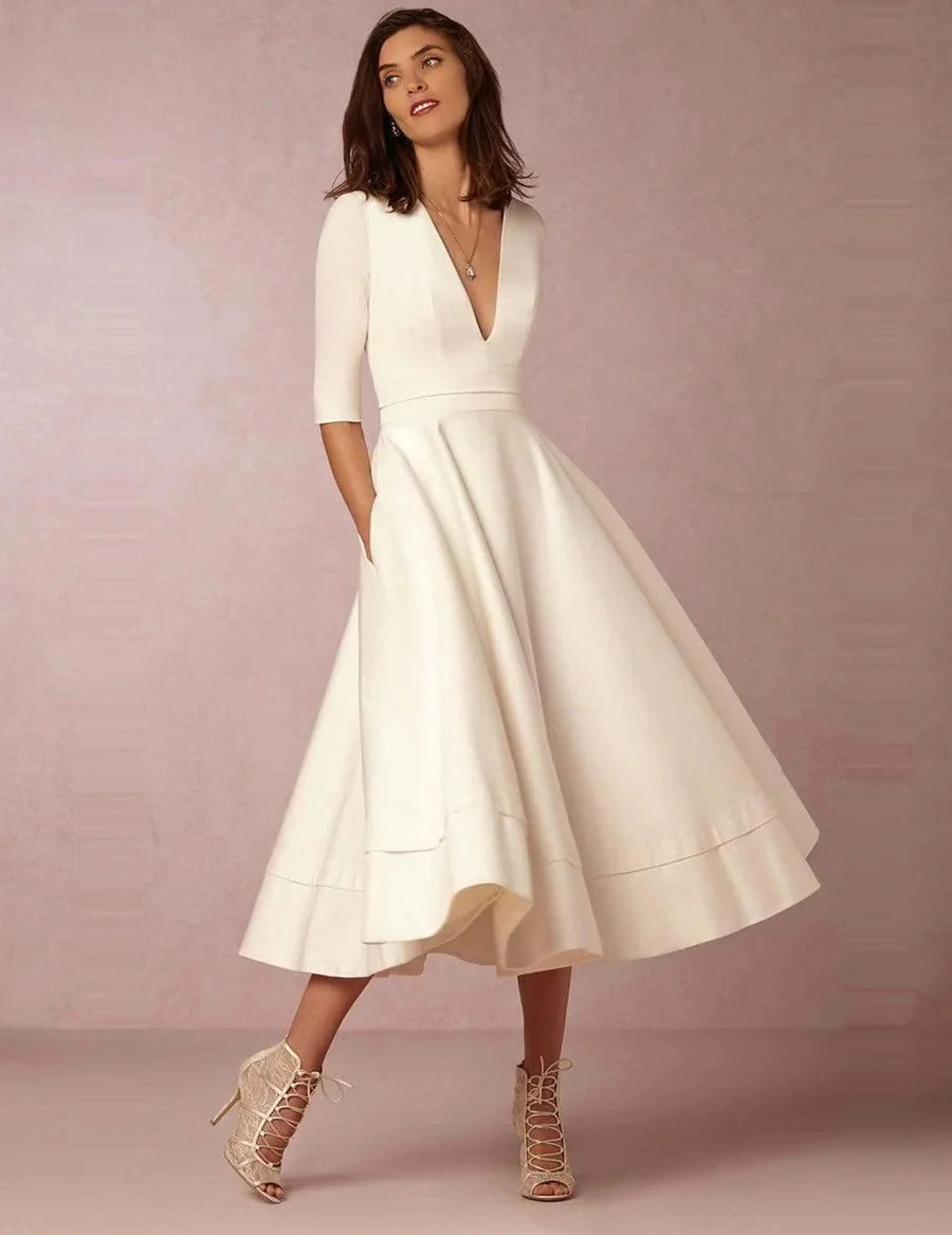 Elegant Fit-and-Flare V-Neck Three-Quarter-Sleeve Round-Back Midi Wedding Dress