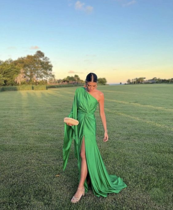 Elegant Flowy One-Shoulder Single Long Sleeve Twist Front Floor-Length Prom Dress