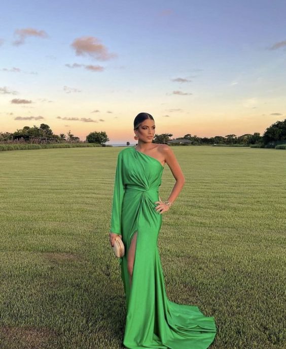 Elegant Flowy One-Shoulder Single Long Sleeve Twist Front Floor-Length Prom Dress