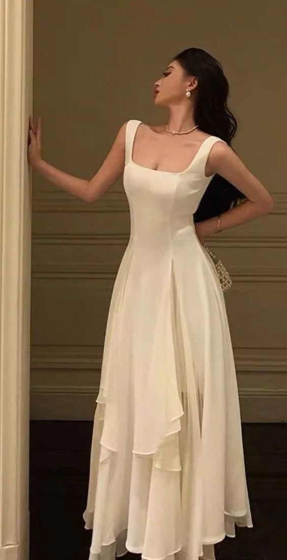 Elegant Ivory Square Neck Sleeveless Layered High-low Floor-length Evening Dresses
