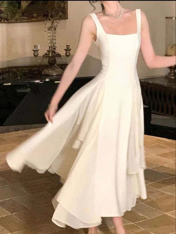 Elegant Ivory Square Neck Sleeveless Layered High-low Floor-length Evening Dresses