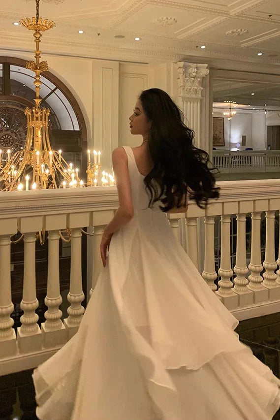 Elegant Ivory Square Neck Sleeveless Layered High-low Floor-length Evening Dresses