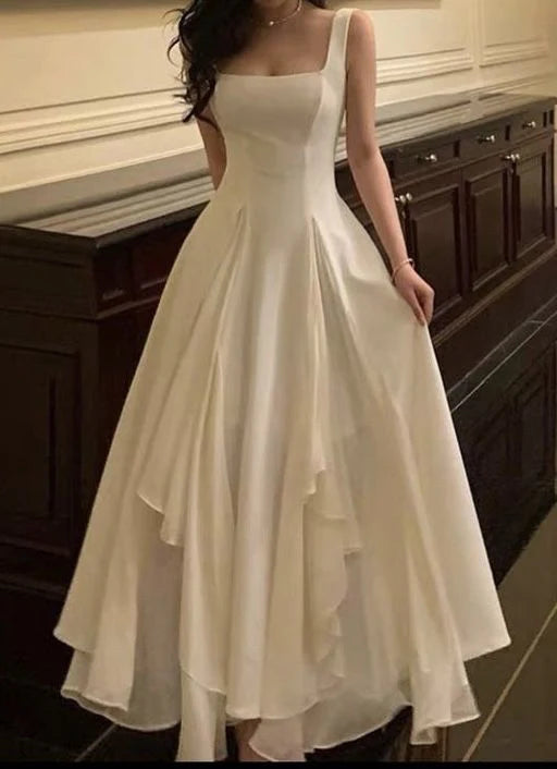 Elegant Ivory Square Neck Sleeveless Layered High-low Floor-length Evening Dresses