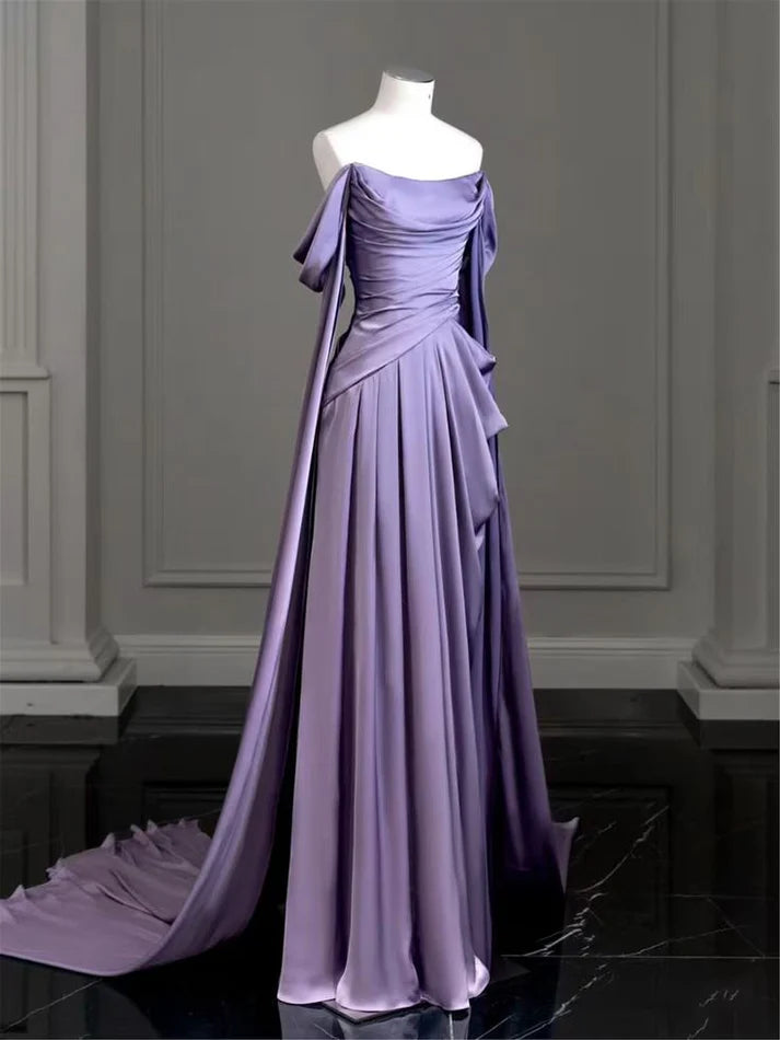 Elegant Lavender Satin Off-the-shoulder Ruched Cape Train Floor-length Evening Dresses