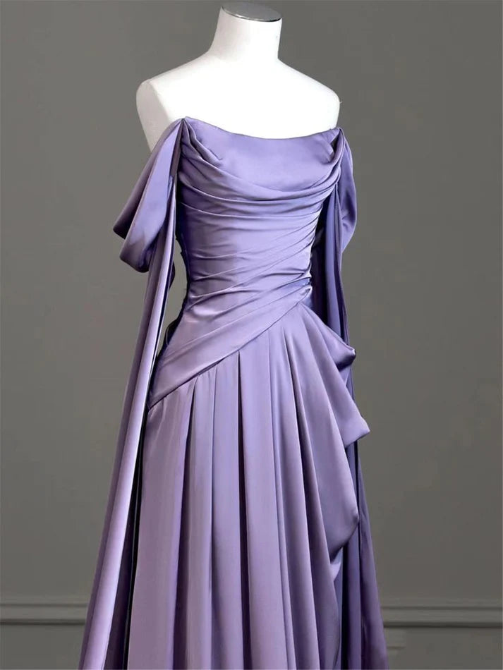 Elegant Lavender Satin Off-the-shoulder Ruched Cape Train Floor-length Evening Dresses