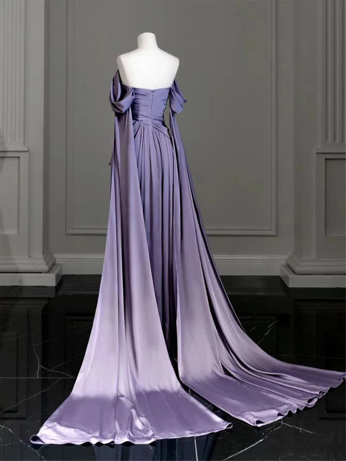 Elegant Lavender Satin Off-the-shoulder Ruched Cape Train Floor-length Evening Dresses