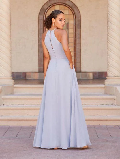 Elegant Light Blue Halter Neck Sleeveless Open Back Floor-Length Prom Dress