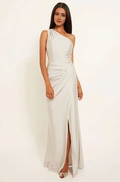 Elegant Light Grey One-Shoulder Neck Sleeveless Ruched Slit Satin Floor-Length Evening Dress
