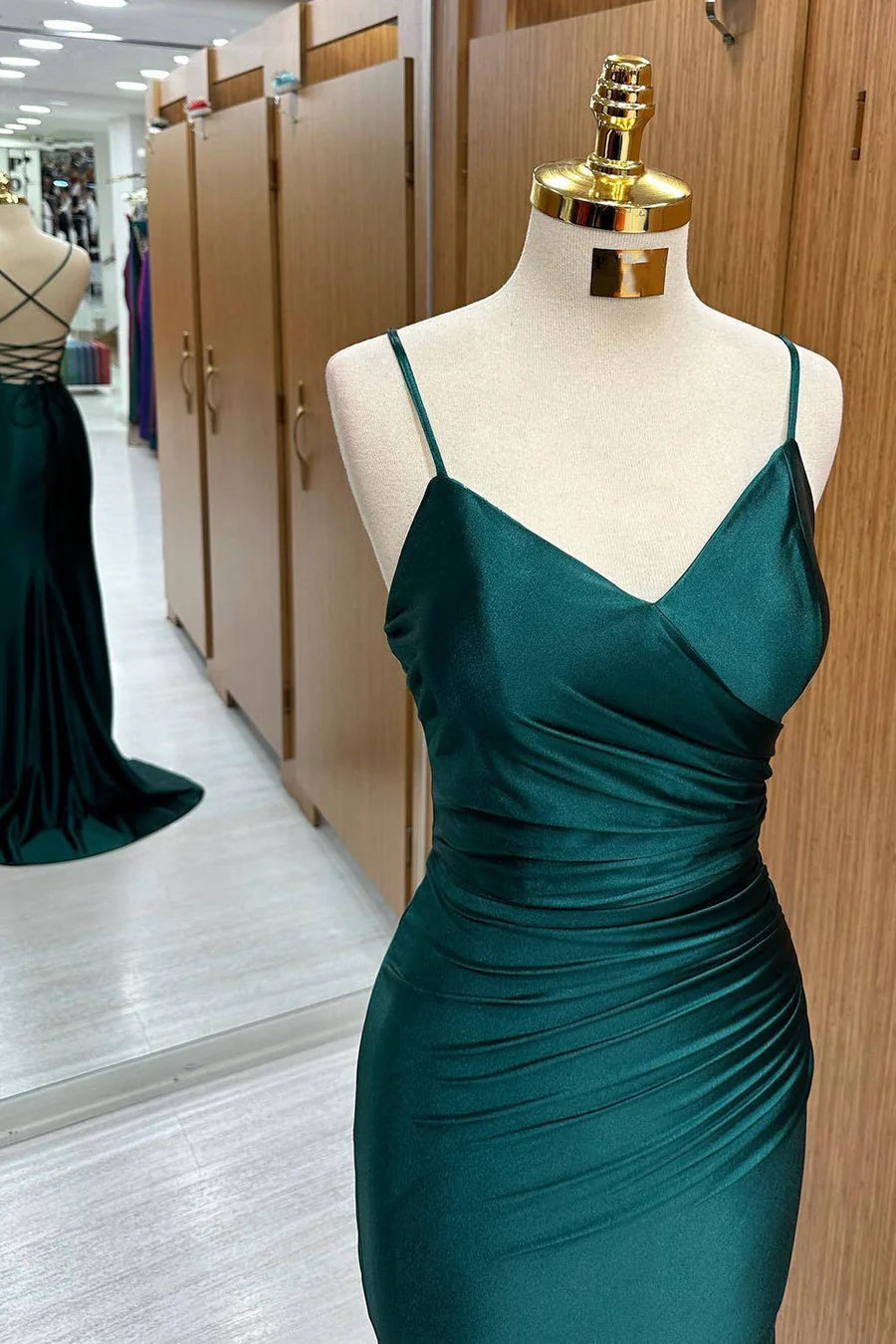 Elegant Mermaid Spaghetti-Strap Ruched Crisscross-Back Train Maxi Prom Dress