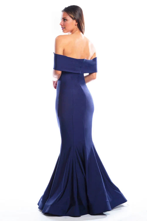 Elegant Navy Blue Off-Shoulder Neck Sleeveless Back Zip Mermaid Floor-Length Prom Dress