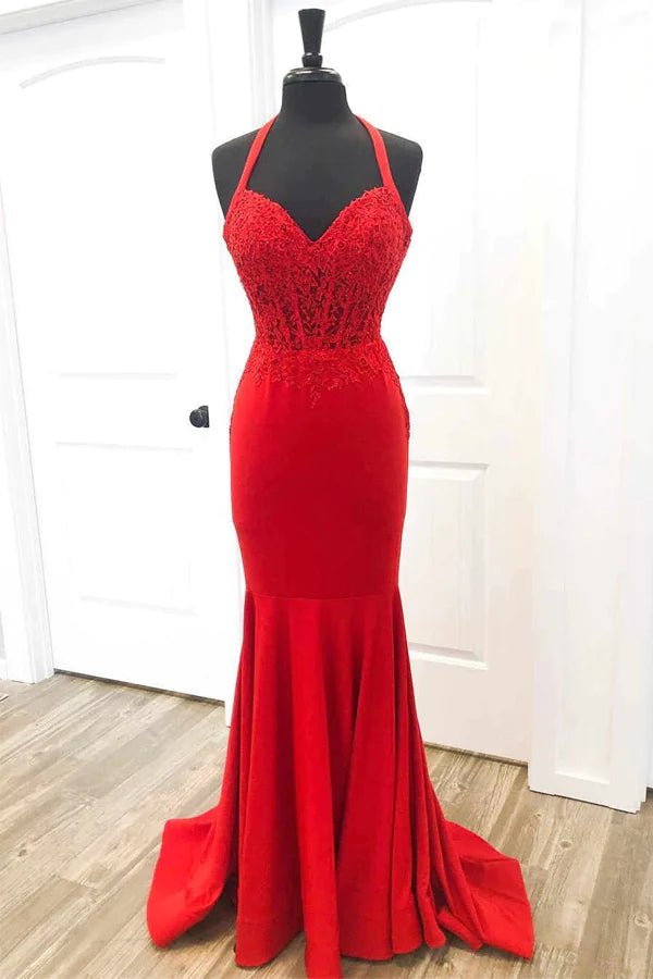 Robe de bal sirène rouge élégante avec appliques