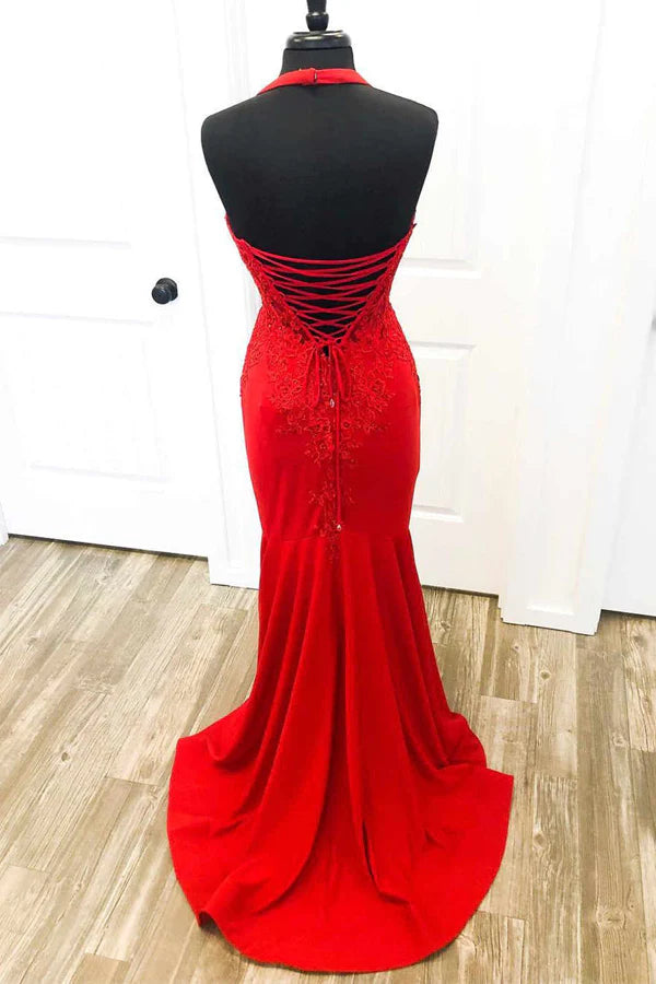Robe de bal sirène rouge élégante avec appliques