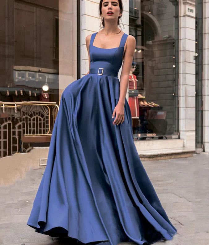 Elegant Royal Blue Satin Square Neck Crisscross Back A-Line Maxi Evening Dress with Belt & Pockets