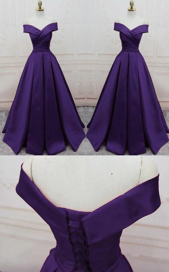 Elegant Royal Purple Satin Off-the-Shoulder Twist Bodice A-Line Maxi Evening Dress for Formal Events & Weddings