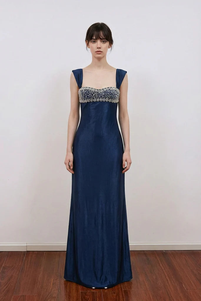 Timeless Satin Prom Dress with Square Neck, Beaded Bust and Cap Sleeves