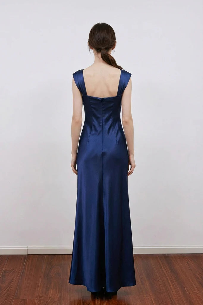Timeless Satin Prom Dress with Square Neck, Beaded Bust and Cap Sleeves