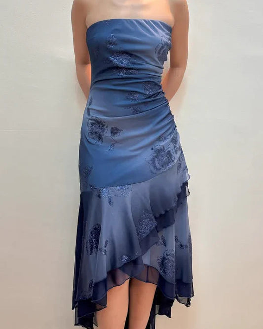 Elegant Strapless Ombré Floral-Embellished Asymmetric Midi Evening Dress