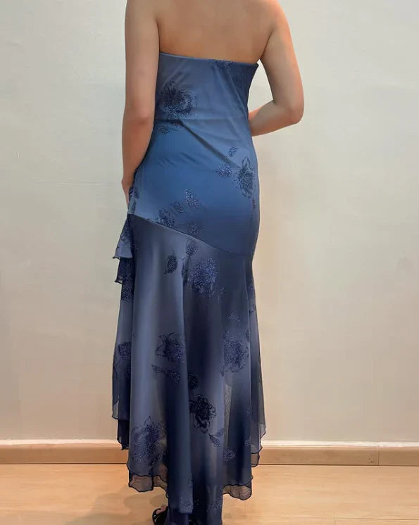 Elegant Strapless Ombré Floral-Embellished Asymmetric Midi Evening Dress