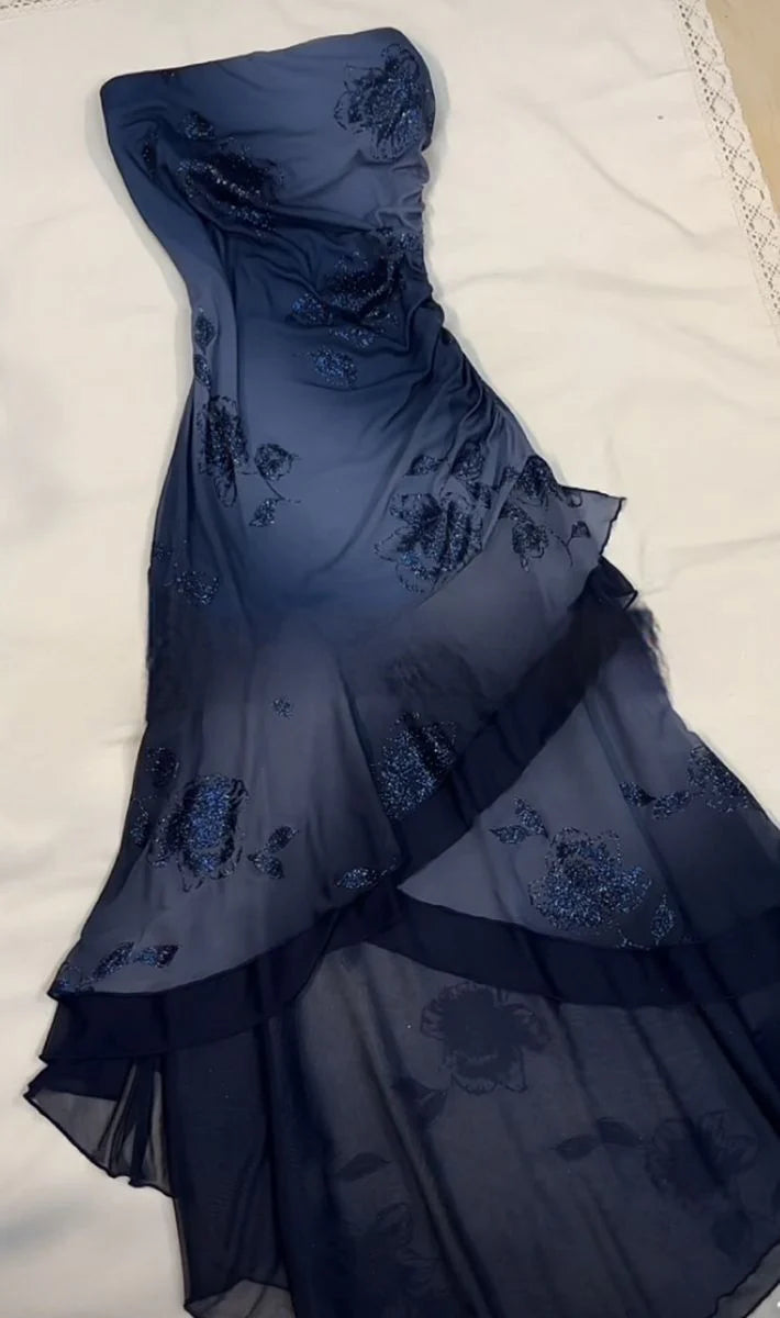 Elegant Strapless Ombré Floral-Embellished Asymmetric Midi Evening Dress