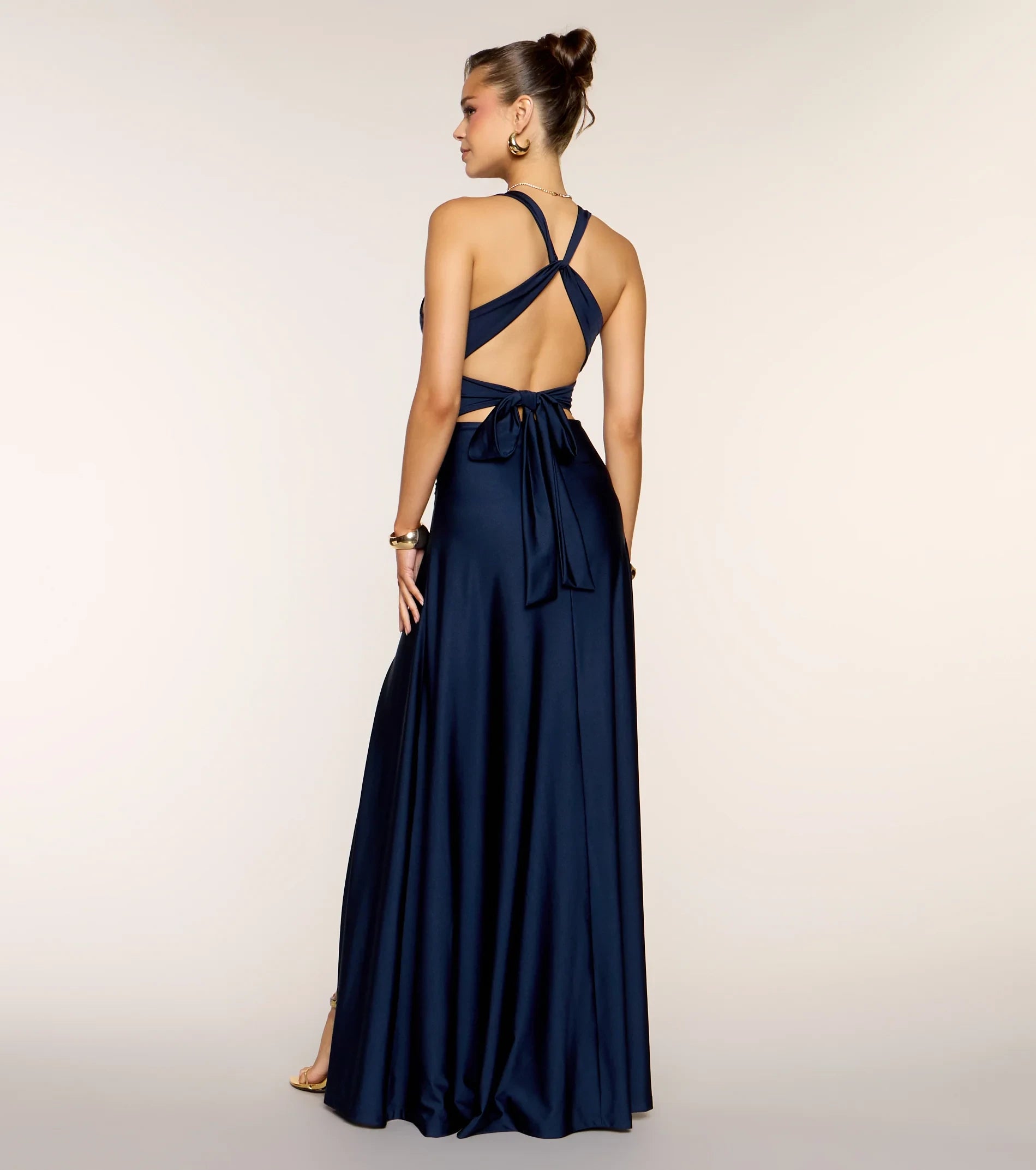 Elegant A-Line Deep V-Neck Sleeveless Criss-Cross Back Tie-Waist High Slit Floor-Length Prom Dress