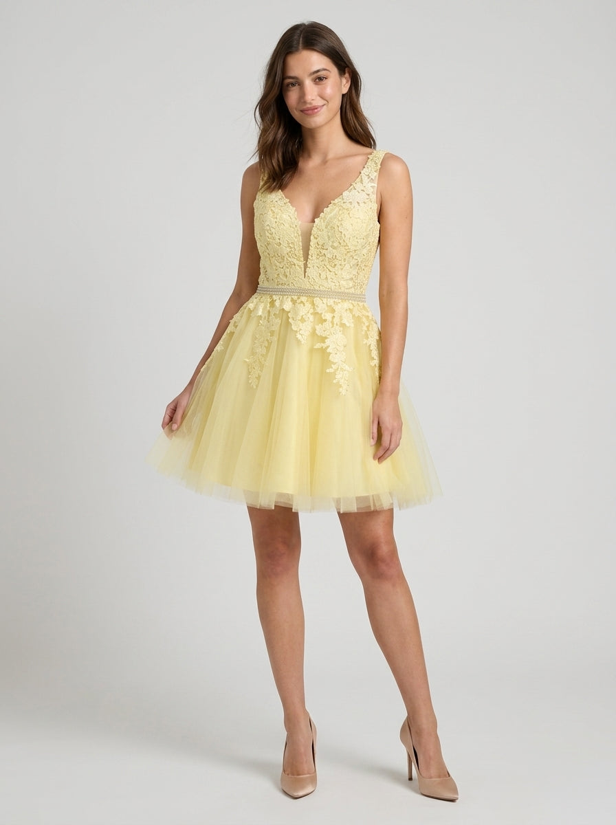 Elegant A-Line Deep V-Neck Sleeveless Low V-Back Short Lace Tulle Beaded Homecoming Dresses